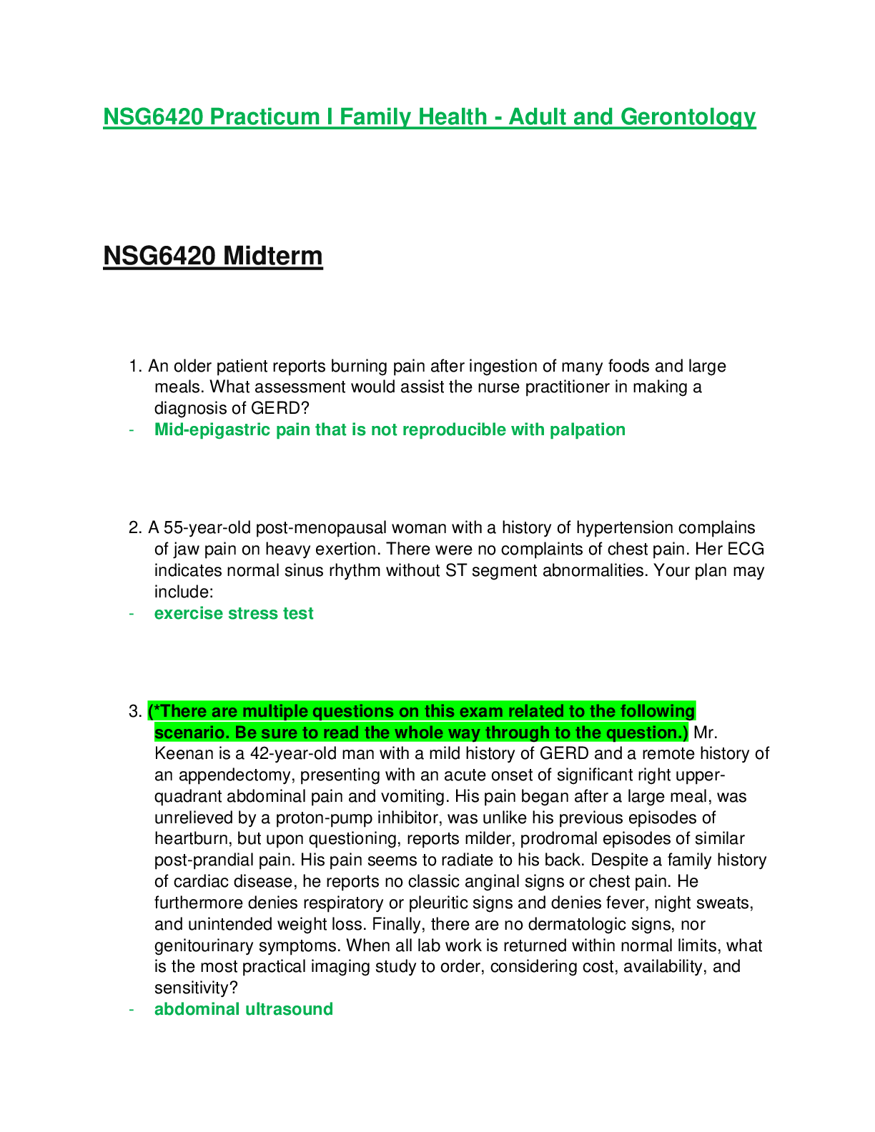 Preview of NSG6420 / NSG 6420: Practicum I Family Health - Adult and Gerontology Midterm Exam Latest
